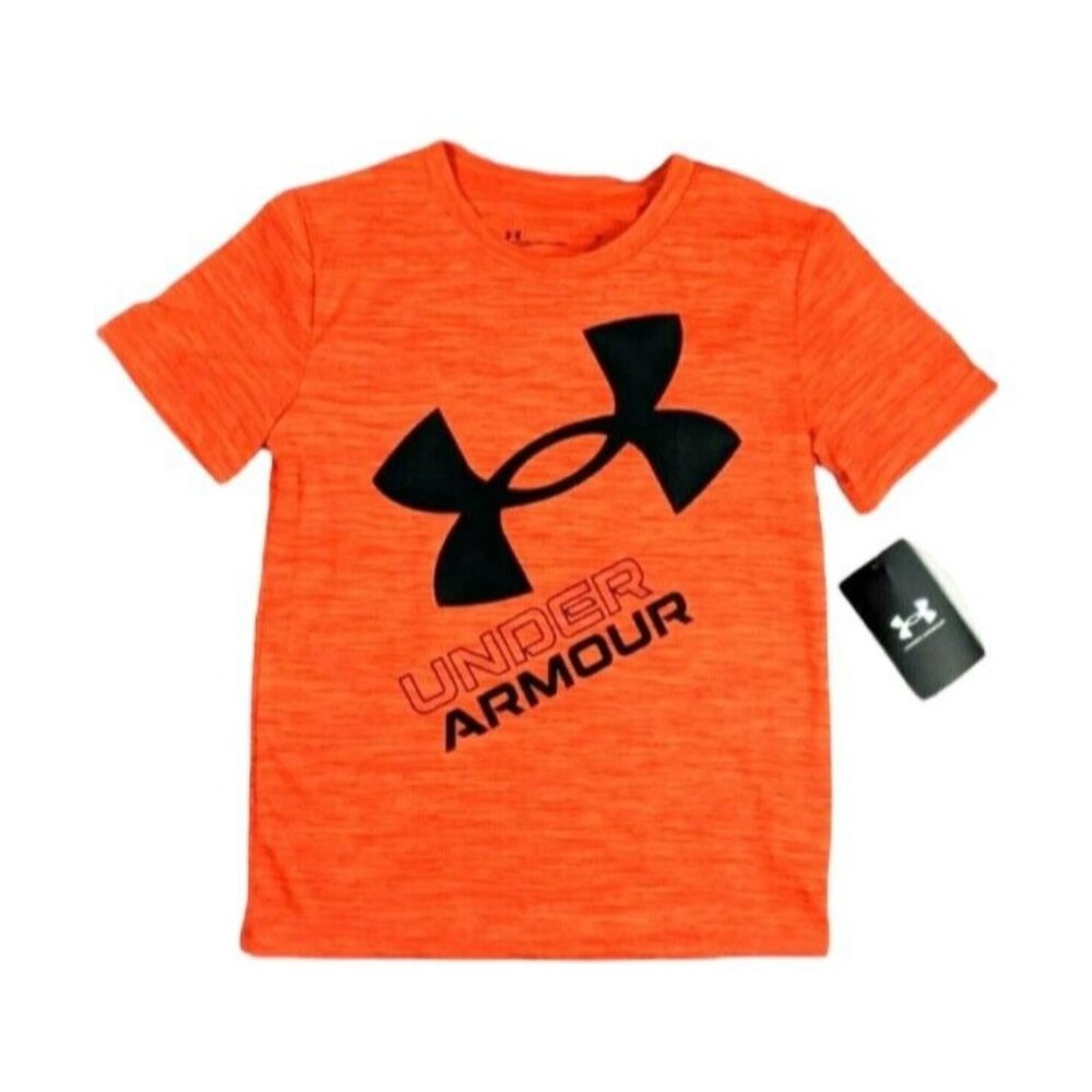 Under Armour Boys Orange Heathered Tech Graphic Logo T-Shirt Short Sleeve NEW